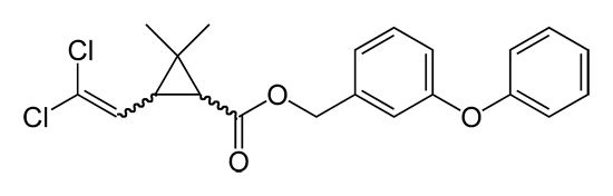 Strukturna formula permetrina (učinkovit insekticid, aktivna snov dimnih bomb samuro).