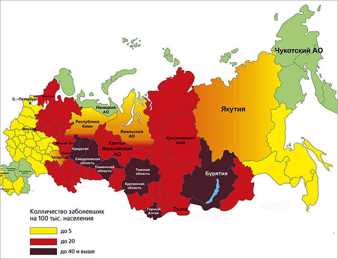 Zemljevid klopov -rojenega encefalitisa v Ruski federaciji.